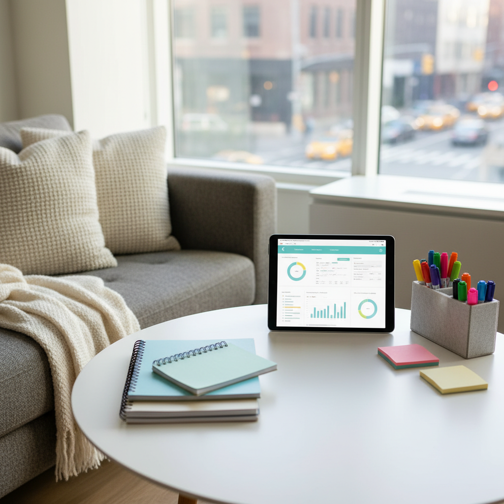 A welcoming special education planning corner in a modern NYC apartment, centered on a round white table with a smooth matte finish. On the table, a tablet displays a clean, abstract dashboard of progress charts, surrounded by neatly stacked notebooks, pastel sticky notes, and a small felt organizer of colorful pens. Nearby, a soft gray couch with textured cushions and a knitted throw suggests comfort. Large windows reveal a distant, softly blurred city street with yellow cab shapes. Morning daylight fills the room with a bright yet gentle glow, casting minimal shadows. Photographic realism, captured from a slightly elevated angle with balanced composition, creates a mood that is collaborative, supportive, and unintimidating for families navigating IEPs and 504 plans.