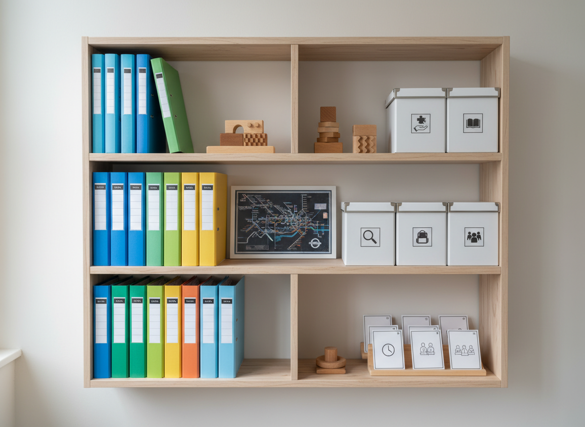 A thoughtfully arranged resource shelf dedicated to NYC special education support, built from pale birch wood and standing against a soft off-white wall. The shelves display neatly aligned binders with colored spines, storage boxes with simple icon labels, and a few tactile learning tools like textured blocks and visual schedule cards, shown without words. A small framed print of a stylized NYC subway map adds subtle city context. Soft overcast window light from the side creates delicate shadows and emphasizes textures in the wood and paper. Photographic realism, captured straight-on with sharp focus throughout, produces a clean, organized, and reassuring atmosphere, ideal for illustrating structured guidance through EI, CPSE, and CSE processes.