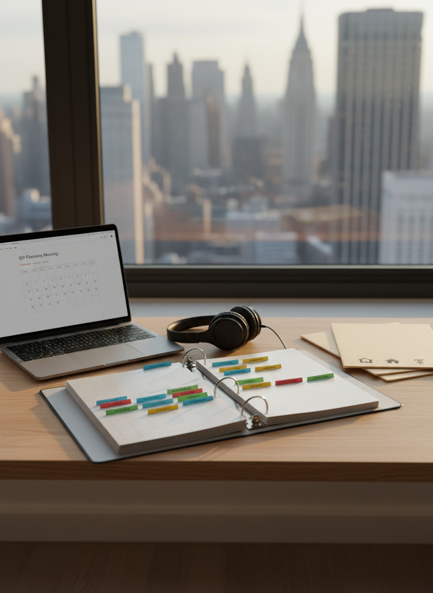 A neatly organized IEP planning workspace on a light oak desk, featuring an open binder filled with color-coded tabs, a smooth silver laptop displaying a blank meeting calendar, and a pair of noise-cancelling headphones resting nearby. Subtle textured folders labeled only with icons for school, home, and services sit stacked at the side. The scene is set beside a large apartment window overlooking a softly blurred New York City skyline. Late afternoon natural light pours in, creating gentle highlights on the binder’s glossy cover and soft shadows across the desk. Photographic realism, shot at eye level with a shallow depth of field, conveys a calm, professional, and reassuring atmosphere, ideal for a site about IEP support and guidance.