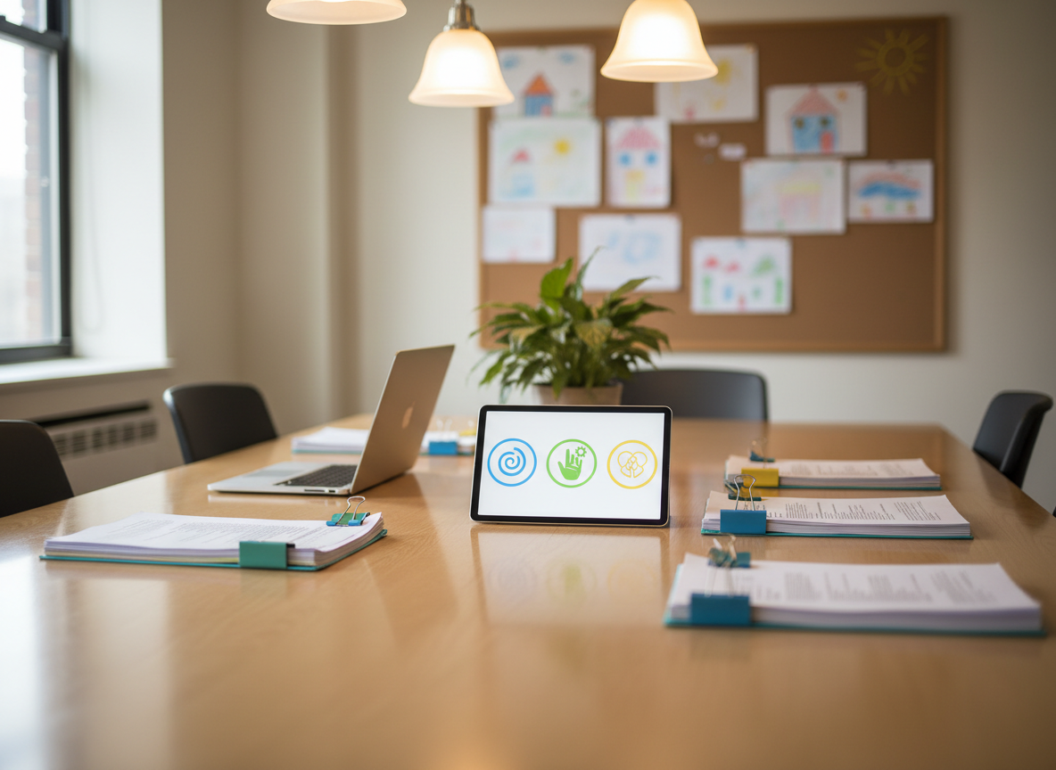 A professional yet cozy conference table in a small NYC school office, depicted without people, set up for an IEP team meeting. At the center, a polished light-wood table holds organized paper stacks with color-coded binder clips, a slim laptop, and a tablet displaying abstract icons for speech, OT, and counseling rather than text. A small potted plant adds greenery, and childlike crayon drawings are softly blurred on a bulletin board in the background. Overhead warm pendant lighting mixes with faint daylight from a side window, creating soft, even illumination and gentle reflections on the table surface. Photographic realism, eye-level composition with moderate depth of field, conveys a calm, collaborative, and solution-focused mood.